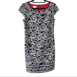 London Times Black/White Cap Sleeved Polkadot Swirl Midi Dress Size 6